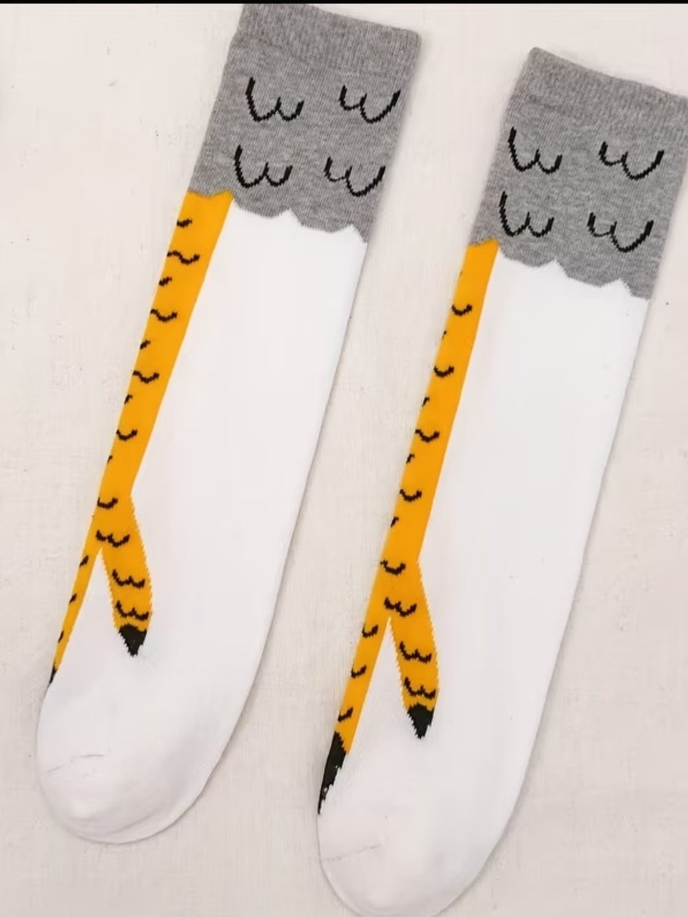 Quirky Bird Claw Crew Socks – Novelty White Gray Yellow
